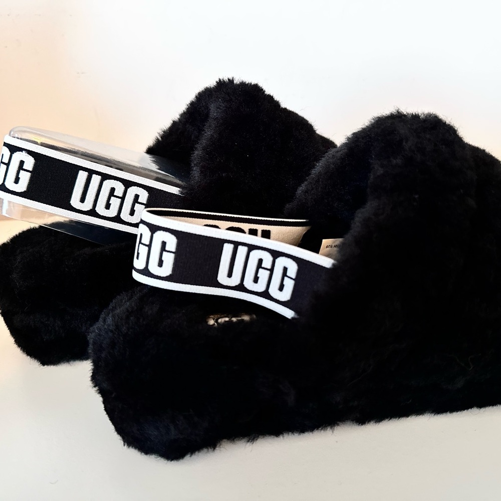 UGG Black Fluffy Slippers with Logo Strap - Picture 5 of 6